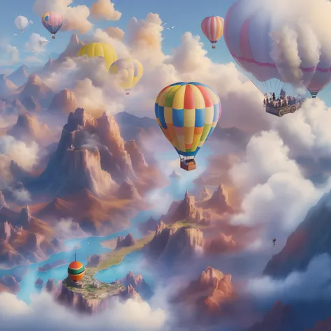 A hot air balloon，Colorful illustrations，floating in sky，mind-blowing views，birds eyes view，Fantastical Atmosphere，Sunny day，blue-sky，Fluffy clouds，adventuring，roam，Trip，exploring，peaceful and serene，Tranquil experience，Freedom to fly，(ad campaign)，Promote...