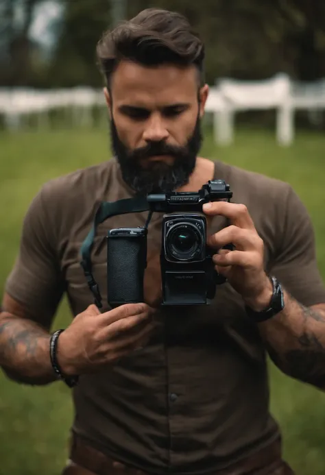 Homem de 29 anos gordo, barbudo, with camcorder in hand.