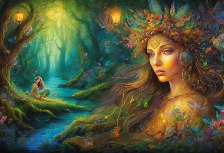 a drawing，A woman sits in the forest with a lantern, There are a lot of elves next to it，Dream-like feeling，enchanted magical fantasy forest, an enchanted forest, psychedelic forest, intricate fantasy painting, fantasy artrealistic painting, Fantasy painti...