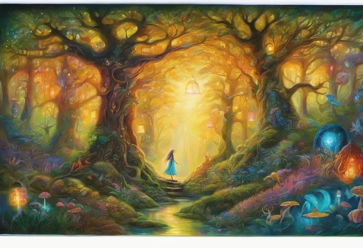 a drawing，A woman sits in the forest with a lantern, There are a lot of elves next to it，Dream-like feeling，enchanted magical fantasy forest, an enchanted forest, psychedelic forest, intricate fantasy painting, fantasy artrealistic painting, Fantasy painti...