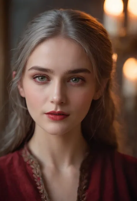 (((A deep red wound streaked across her cheek))) Fair complexion, A man around 19 years old, Natural gray hair, Unique green eyes, Wear Cole, Slender and graceful, Beautiful, Candlelight in a medieval setting, super sharp focus, realistic lens, Medieval ma...