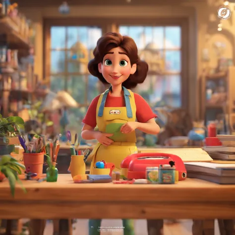 create a 3D movie poster inspired by Disney Pixar, The scene should be in Pixars signature digital art style, with a cartoonish image that resembles a craftswoman with long, light brown hair, inside her workplace, which clearly shows a faiza written Ateliê...