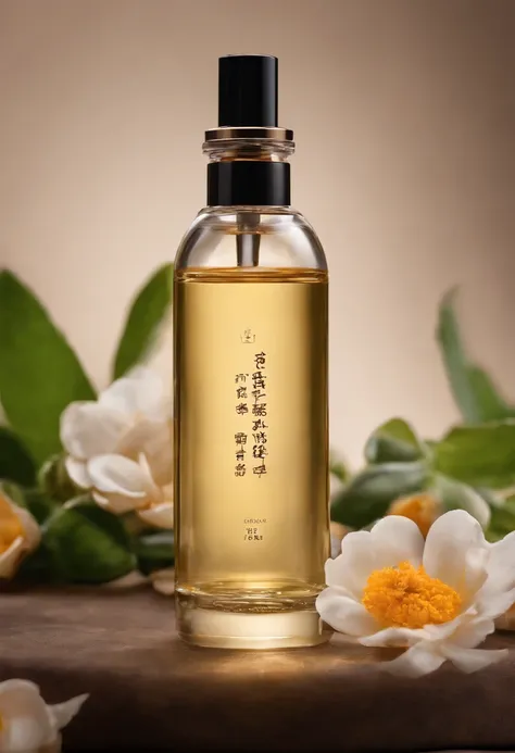 (Best quality,4K,8K,A high resolution,Masterpiece:1.2),Ultra-detailed,(Realistic,Photorealistic,photo-realistic:1.37),One bottle（Huang Jixiu）Close-up of cleansing oil and selected flowers, Clean face and body skin, Skincare, skin care, Take a picture of yo...