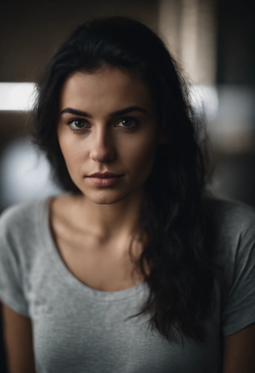 Very pretty 22 year old black haired girl in a t-shirt looking straight at the camera