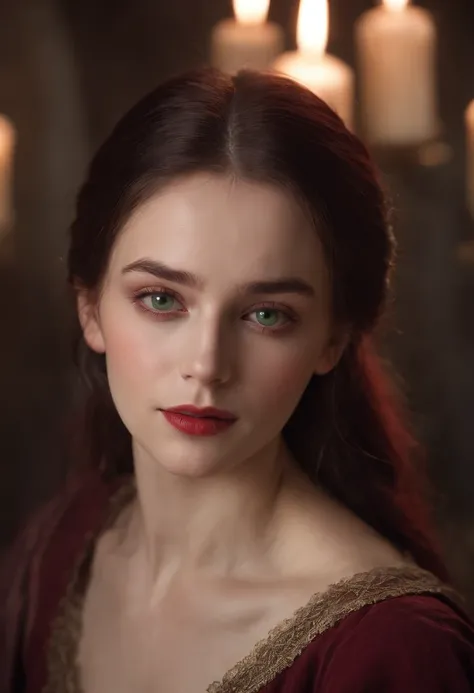 (((A deep red wound streaked across her left cheek))) Fair complexion, A woman around 19 years old, Natural gray hair, Unique green eyes, Wear Cole, Slender and graceful, Beautiful, Candlelight in a medieval setting, super sharp focus, realistic lens, Medi...