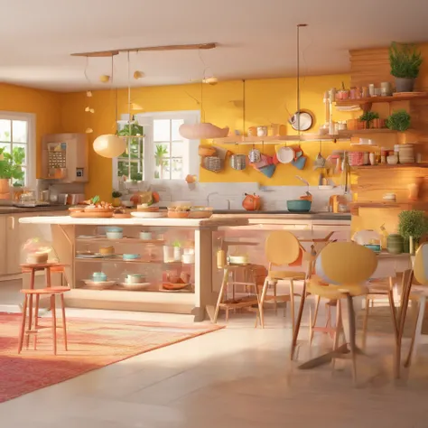 (alta qualidade,Realistic,Estilo Pixar:1.1),Cena animada 3D,mulher com cabelo castanho liso,35 anos,cooky,vestido como um chef pasteleiro,cena do jardim, cores brilhantes e vibrantes,warm lighting,Delicious sweets on display,Detailed kitchen utensils and i...