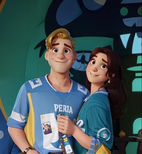 casal homem (cabelo amarelo) e mulher (cabelo escuro) no estilo Disney Pixar, alta qualidade, melhor qualidade