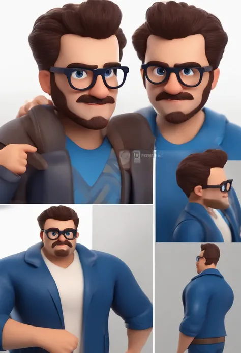 Cartoon character of a man with black glasses, 35 anos de cabelos raspados e uma camisa azul, animation character, Caractere estilizado, animation style rendering, 3D estilizado, 3 d render stylized, toon render keyshot, Personagem 3D, Personagem 3D, 3d re...