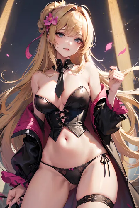 Best quality, masterpiece, ultra high res, beautiful and aesthetic, deep shadow, pink theme,(1girl, smile, (blond hair with bangs, hair ornament),waist skirt, long black necktie, pink skirt, black corset, black hair, long hair, asymmetrical bangs:1), (stri...