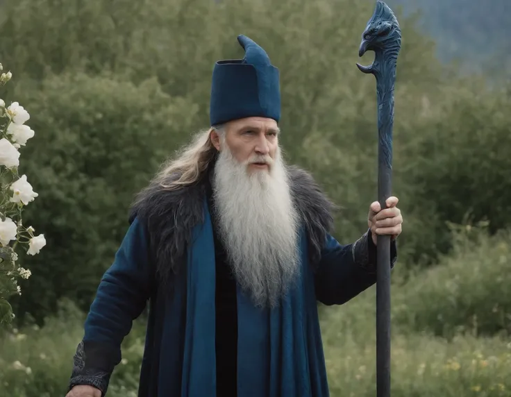 Create an image of a sorcerer with a long beard and a dark blue outfit with black accents using a white staff in the middle of a flowery area with griffons in the sky