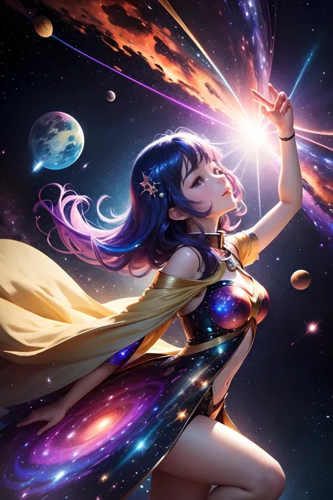 prismatic woman, spinning in space, galaxy in the background, moment of joy, beautiful photo, Japanese anime style