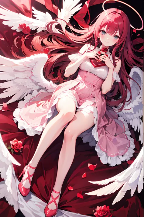 Red medium-long hair, pink dress, Valentines Day, angel, white wings, halo, holding rose, red high heels