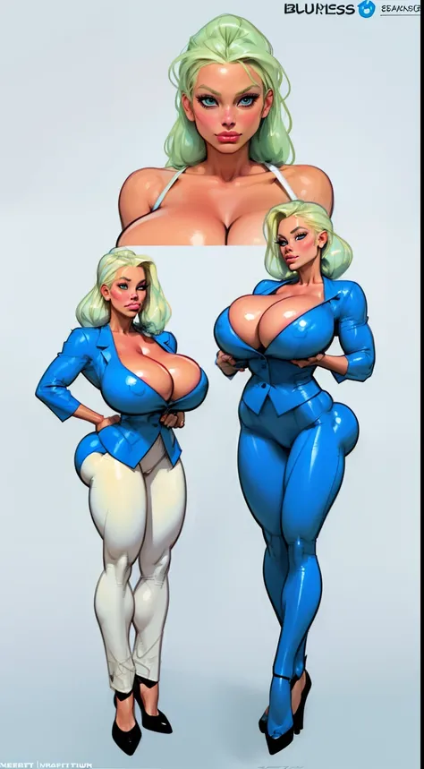 ((masterpiece)),(((best quality))), ((character design sheet:1.4)), ((full body view)) illustration,1girl, muscular, ((light blue business suit:1.4)), bubbles, ((heaven bump hairstyle:1.4)), ((light blonde hair:1.4)), blue suit ((detailed face:1.4)) ((giga...