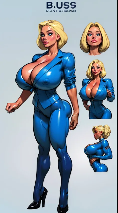 ((masterpiece)),(((best quality))), ((character design sheet:1.4)), ((full body view)) illustration,1girl, muscular, ((light blue business suit:1.4)), bubbles, ((heaven bump hairstyle:1.4)), ((light blonde hair:1.4)), blue suit ((detailed face:1.4)) ((giga...