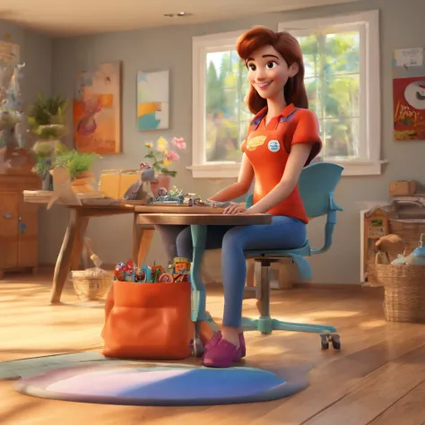 create a 3D movie poster inspired by Disney Pixar, The scene should be in Pixars signature digital art style, with a cartoonish image that resembles a craftswoman with long, light brown hair, inside her workplace, which shows a track written Ateliê Jane Pa...