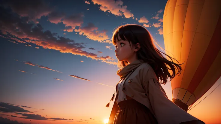 hot air balloon，Beautiful sunset sky，A lonely girl looks into the distance