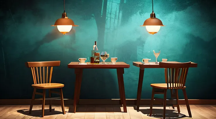 Fantasy background, Cafe RPG Style, Empty chair, The table, Set of tea glasses