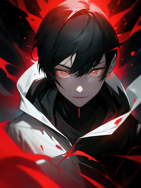 Boy with red glowing radiant ayes sa face wearing black hoodie