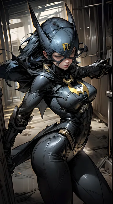 Batgirl in tight black suit from DC comics, in front of a group of male thugs, the male thugs beat her up, Batgirl is on the ground defeated, she has huge tits, super detail, high quality, alleyway with dim lighting