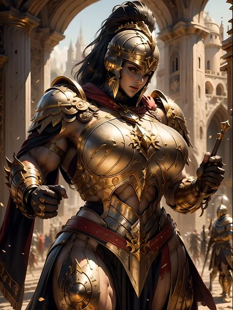 a beautiful golden-greek-armored warrioress, jet-black hair, hoplite helmet, muscular, huge and heavy breasts, looking at viewer, modelshot pose, masterpiece, best quality, 8k, blurred background, medieval fantasy castle in the background