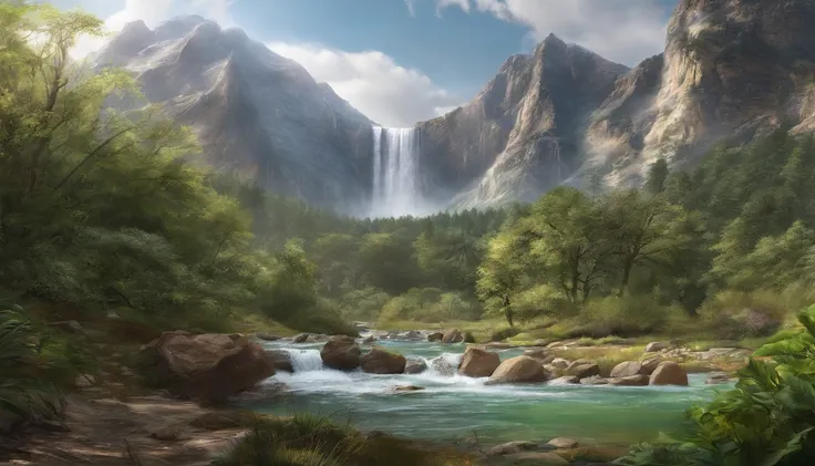 (best quality,4k,8k,highres,masterpiece:1.2),ultra-detailed,(realistic,photorealistic,photo-realistic:1.37),mountains flowing rivers,clear mountain springs,water on the ground flowing from left to right,verdant mountains and green waters,landscape painting...