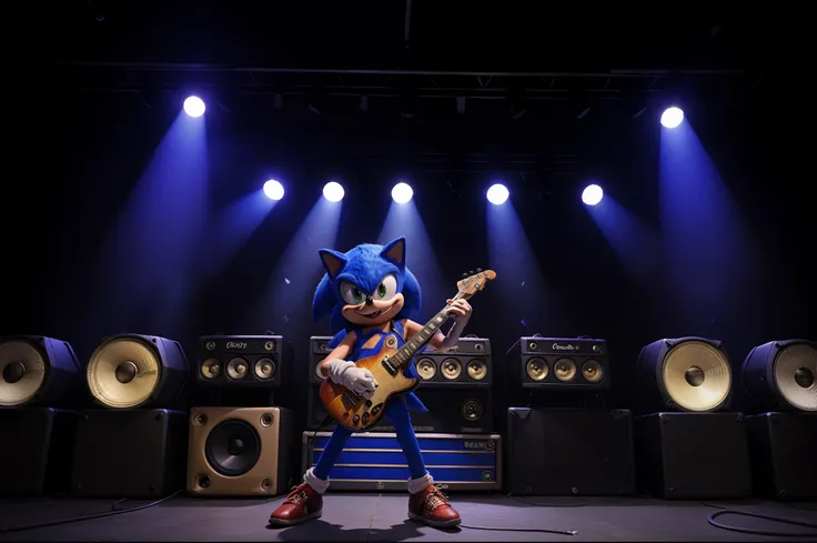 basesonic playing a guitar in a rock band stage, front view, looking at viewer, giant speakers, stage, lights, detailed backgrou...