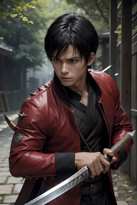 zipper, weapon, male_focus, straight-on, spiked_hair, looking_at_viewer, blurry, holding_sheath, bangs, black_hair, holding, japanese_clothes, holding_sword, holding_weapon, solo, short_hair, closed_mouth, coat, sanpaku, outdoors, brown_eyes, blurry_backgr...