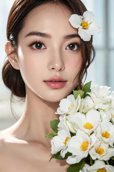 (Best quality,4K,8K,A high resolution,Masterpiece:1.2),Ultra-detailed,(Realistic,Photorealistic,photo-realistic:1.37),A close-up of a bottle of cleansing oil and a selection of flowers, Clean face and body skin, Skincare, skin care, Take a picture of your ...