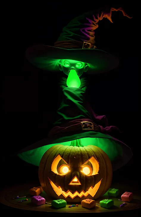 Pumpkin head with glowing green eyes eating candy with a witches hat on