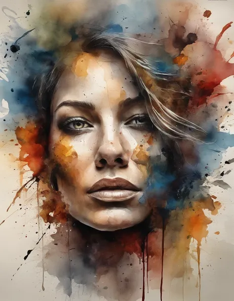 Modern abstract watercolor painting of beautiful womans face with a scattered head and broken cracks on her face, cabelos longos pretos ondulando ao vento, Best composition, Better color separation with rough brushstrokes Painting style,Expression of lonel...