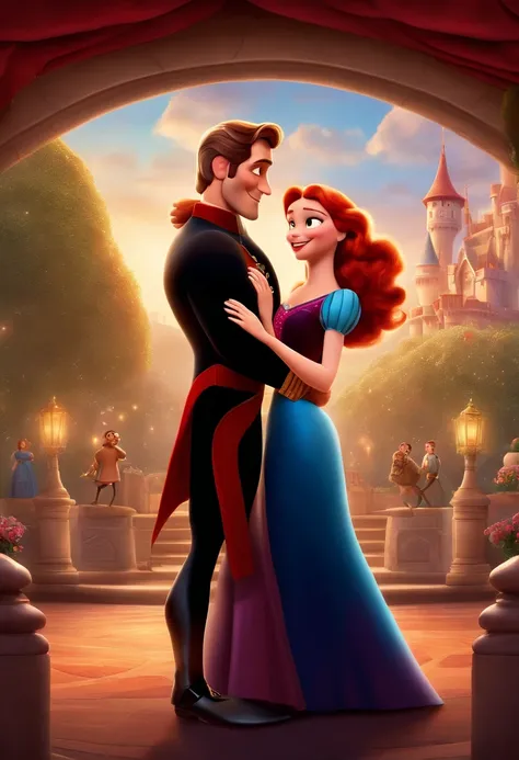 a Disney Pixar movie poster showing a white-skinned couple. The boyfriend is the tallest, cabelos curtos penteado de lado, with black blouse and black pants. A namorada em olhos e cabelos castanhos escuro, shoulder-length and wearing a burgundy dress.