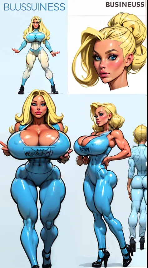 ((masterpiece)),(((best quality))), ((character design sheet:1.4)), ((full body view)) illustration,1girl, muscular, ((light blue business suit:1.4)), bubbles, ((heaven bump hairstyle:1.4)), ((light blonde hair:1.4)), blue suit ((detailed face:1.4)) ((giga...