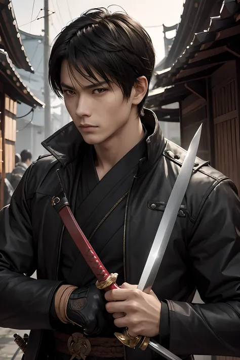 zipper, weapon, male_focus, straight-on, spiked_hair, looking_at_viewer, blurry, holding_sheath, bangs, black_hair, holding, japanese_clothes, holding_sword, holding_weapon, solo, short_hair, closed_mouth, coat, sanpaku, outdoors, brown_eyes, blurry_backgr...