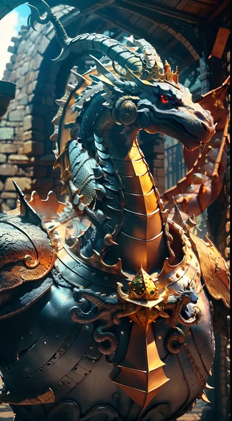 Dragon wearing crown that has a taco for a body wearing medieval  lower armor