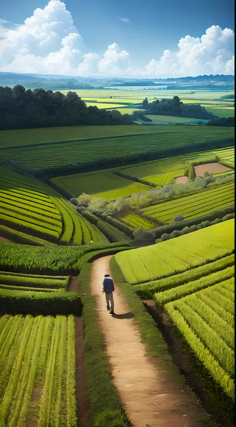 An old farmer carrying a flat burden, walking on the winding path of the countryside, big clouds, blue sky, rice fields, neat rice seedlings in the field, forest, hillside, secluded, countryside, HD detail, hyper-detail, cinematic, surrealism, soft light, ...