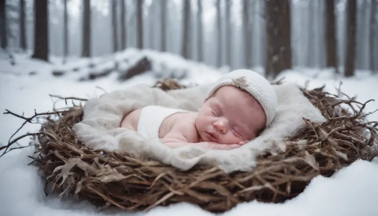 newly birthed baby lies in a nest of rags and furs in the snow covered forest at midnight, medieval Hungary, snow falls heavily, night, scene from a horror film, 8k, ultrarealistic, cinematic, cinematic scene from film