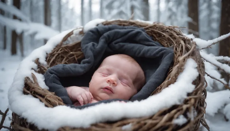 newly birthed baby lies in a nest of rags and furs in the snow covered forest at midnight, medieval Hungary, snow falls heavily, night, scene from a horror film, 8k, ultrarealistic, cinematic, cinematic scene from film