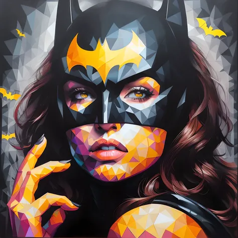 A painting of a woman in a Batman mask with a bat on her face, Arte de Alessandro Pautasso, Batgirl, inspirado em Sandra Chevrier, arte vetorial, arte pop de fantasia, Directed by: Patrick Adam, Jen Bartel, Pintura Pop Art, Batwoman, Retrato da Mulher Mara...