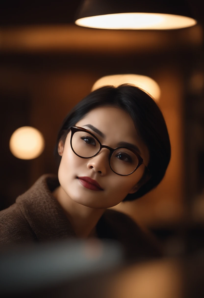 fair complexion, Asian woman around 19 years old, natural black short hair, distinctive brown eyes, wearing glasses, slender and graceful, beautiful, candlelight in a contemporary setting, ultra sharp focus, realistic shot, contemporary female clothes,