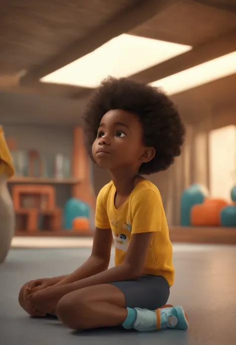 Um arquiteto de sonhos futurista, 6-year-old black child,  mas realista, inspired by Pixar animation, de perto. The character takes center stage with captivating facial expressions, oferecendo um toque de irrealidade.