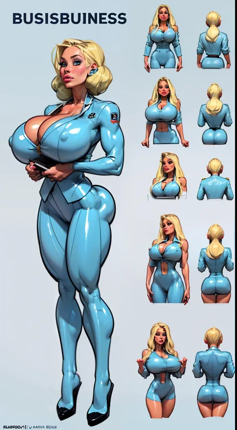 ((masterpiece)),(((best quality))), ((character design sheet:1.4)), ((full body view)) illustration,1girl, muscular, ((light blue business suit:1.4)), bubbles, ((knowledge bump hairstyle:1.4)), ((light blonde hair:1.4)), blue suit ((detailed face:1.4)) ((g...