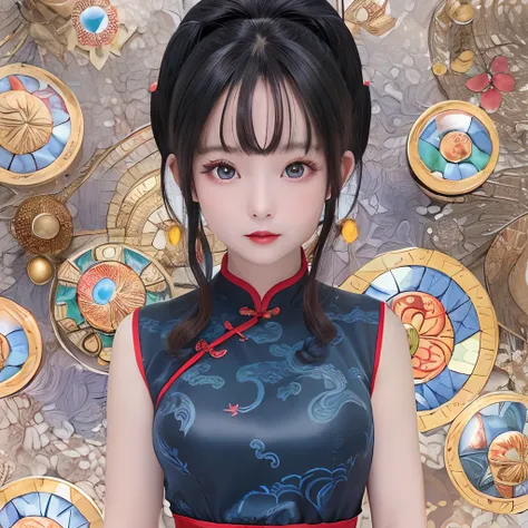 (high quality photograph:1.2), ​masterpiece:1.2, glossy dark hair、Deep Blue Cheongsam、The edges of the ceramic dress are red、Black eyes、cute little、Beautie, beautidful eyes, beautiful countenance, looking at themselves, (Chichi from Dragon Ball:1.2)、 Bust ...