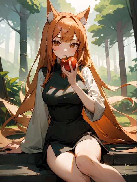 anime girl in a short dress with long hair, eating and apple, looking at viewer, Horo, Horo from spice and wolf, photo of Horo from spice and wolf, art feminine, anime girl with long hair, high detailed official artwork, holo, epic light novel art cover, a...