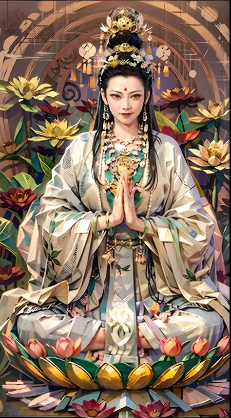 （chinese immortals）, （buddhism）, multip_hands，（mythological stories）, （bodhisattva）, she sits on a lotus, （three hands on the le...