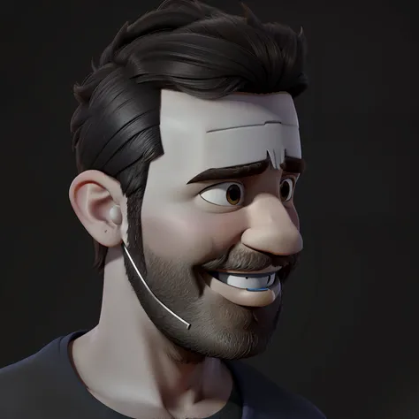 Homem de perfil, sorrindo, com microfone no ouvido. Cabelo curto e pouca barba. Pablo Marçal. Pixar-style poster