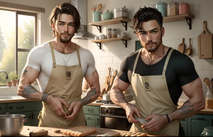 Create a pixar illustration of a man with green eyes and very short straight hair to the side, Light skin and a little beard on face with apron and plain t-shirt making cute bread cookies in a rustic kitchen. Na bancada tem uma batedeira da marca italiana ...