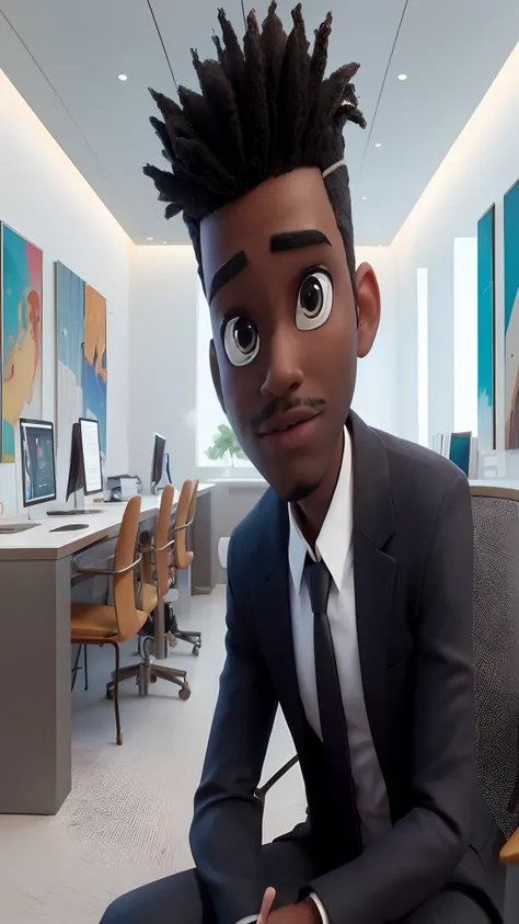 A Disney-Pixar-style 3D movie poster of a black man with a nudred hairstyle on top, desvanecimento gradual nas laterais, olhos castanhos brilhando, e um ligeiro restolho. He is dressed in formal attire, Wearing black pants and white shirt. Hes in a spaciou...