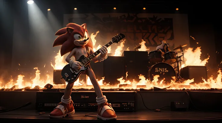 Heavy metal, heavy music, BaseSonic (Sonic The Hedgehog), standing tall, epic guitar solo, guitar on fire, solo electric guitar, guitarist of metal, sonic playing the guitar, electric guitar made of metal, flames on stage, female rocker playing a concert,