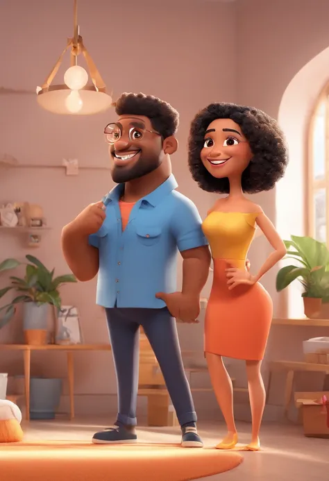 An illustration of an adorable couple, Highlight for a chubby mulatto man with glasses smiling and a brunette woman with beautiful expressive eyes - the mans skin is mulatto and the mans hair haswhile the womans skin is black and the womans hair is straigh...