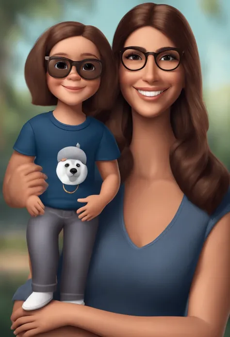 Pixar. Casal com um filhote de cachorro beagle marrom. A menina tem os cabelos loiros amarrados, Camiseta cinza e jeans claro, white glasses. O menino de cabelos pretos com cabelos grisalhos, barba pequena, oculos, Dark blue jeans and gray t-shirt. They ar...